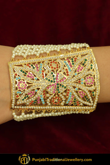Gold Finished Navratan Jadau Bracelet | Punjabi Traditional Jewellery Exclusive